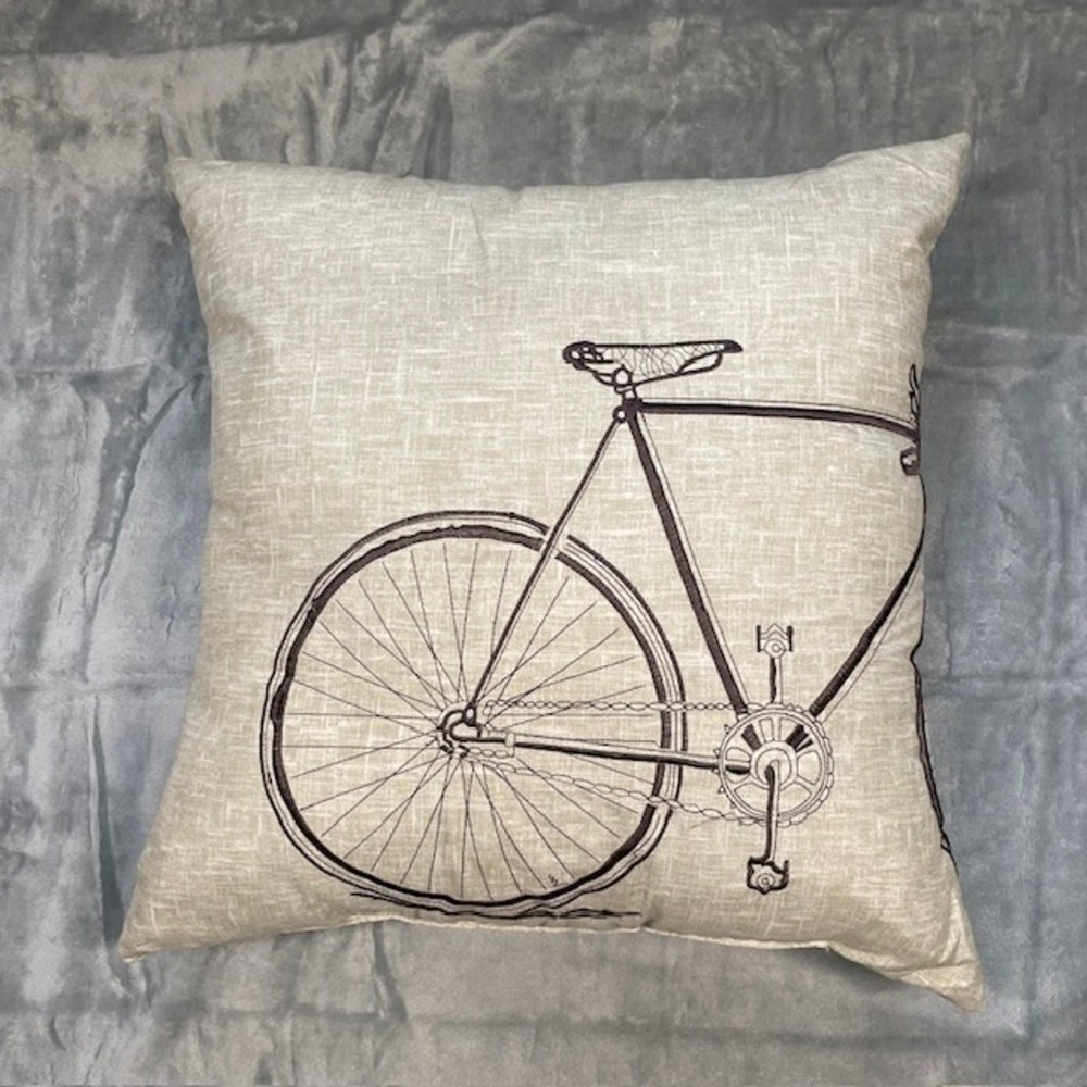 Throw Pillow embroidered Bicycle Design Beige and Brown 16 x 16 EUC